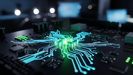 Illuminated Circuit Board Represents Digital Technology Innovation