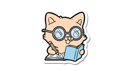 Cute Cartoon Cat Wearing Glasses Studying or Writing in a Book Illustration