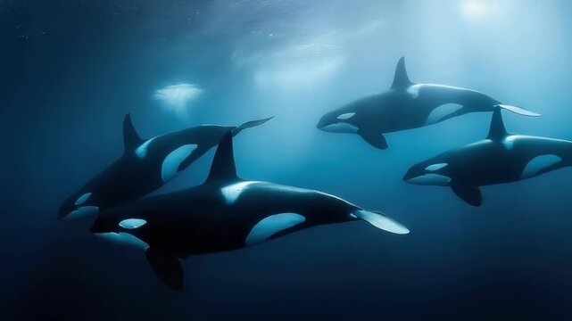 A pod of orcas (killer whales) swimming underwater.