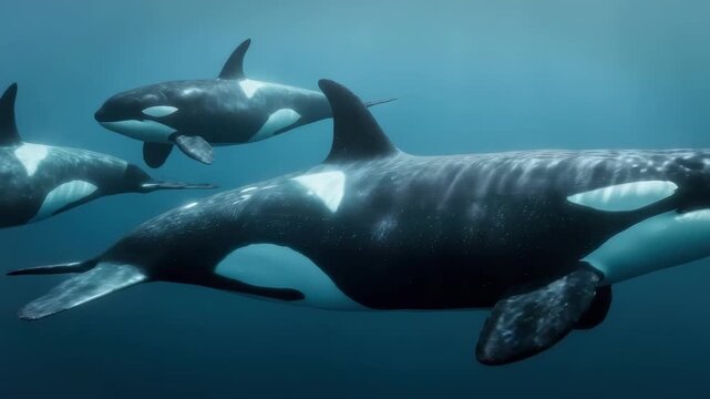 A pod of orcas (killer whales) swimming underwater.