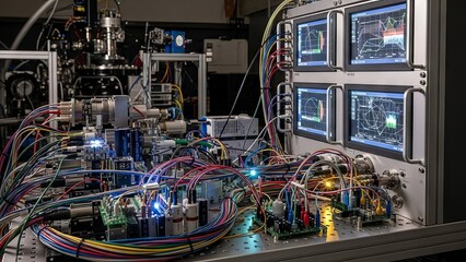 Intricate Electronic Laboratory Setup with Data Displays
