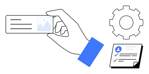 Hand holding an ID card, settings gear, and checklist with user icon highlight authentication, customization, and task completion. Ideal for security, ID management, HR, software verification