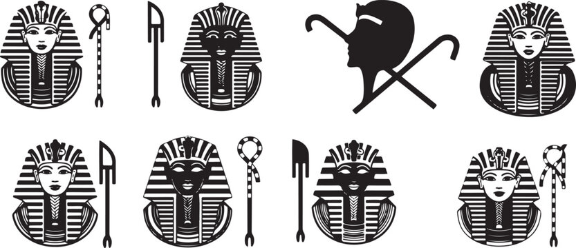 Ancient egyptian pharaoh tutankhamun mask silhouette collection set various artifacts symbols crook flail ankh vector illustration.