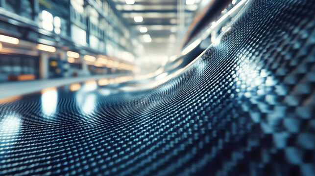 A sleek surface of carbon fiber composites glistens under realistic lighting in a modern factory, where advanced technology processes nano fabric with precision