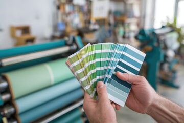Creative setup with swatches. Art director workplace visuals, graphic project print. Paint color guide samples. Person holding sketch plan selection colour sampling. Design Studio. Printing office
