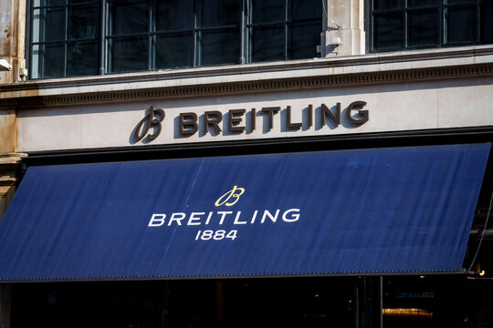LONDON, UK. 16th  February 2025. Breitling logo on store London city. Breitling SA is a Swiss luxury watchmaker founded in 1884 in Saint-Imier, Switzerland, by L&eacute;on Breitling.