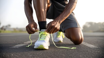 Focused mid shot of an athlete tying running shoes with close up hands and soft shallow depth of field creating a dynamic moment of preparation before fitness training