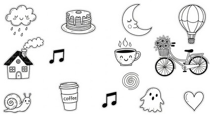 Whimsical doodle collection featuring cute icons for a cheerful and creative vibe