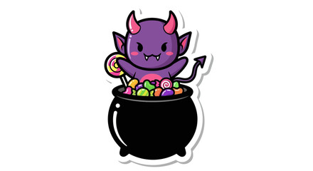 Cute cartoon devil character sitting in a cauldron full of halloween candy illustration