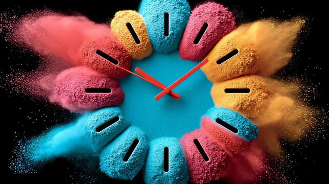 Colorful explosion of powdered pigments forming a vibrant clock face, showcasing dynamic movement and transformation, with camera zooming in to capture intricate details and textures of the scene