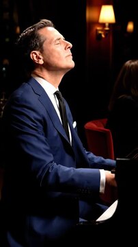 Pianist performs emotional music in elegant lounge. Music fills atmosphere with passion and creativity. Man captivates audience with artistry and talent. Vertical shots showcase ambiance.