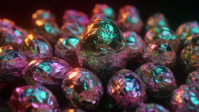 Close-up abstract of glittering gemstones with vibrant iridescent colors and rough texture, capturing the beauty of mineral formations
