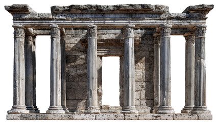 Fototapeta premium Ancient Roman temple facade featuring classical architecture and Corinthian columns isolated on transparent background