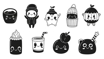 Adorable kawaii characters featuring cute food and playful figures with expressive faces