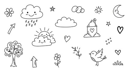 Obraz premium Whimsical hand-drawn doodles of nature, weather, and simple objects for creative projects