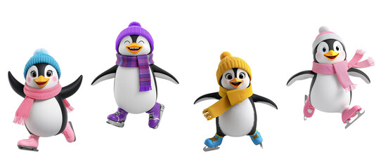 Fototapeta premium A cheerful playful cartoon penguin in a hat on skates a funny pose