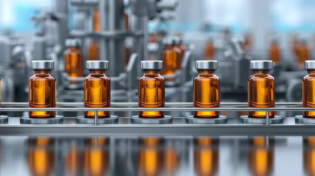 Pharmaceutical manufacturing process showing amber vials on a production line in a facility