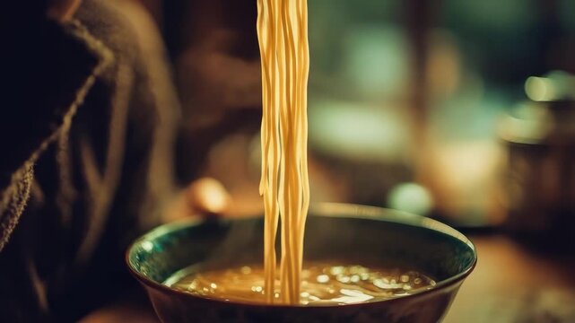 A bowl of hot noodle soup with strands of noodles lifted by chopsticks.