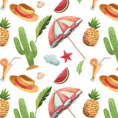 Hand drawn vector seamless pattern with beach amenities on white background