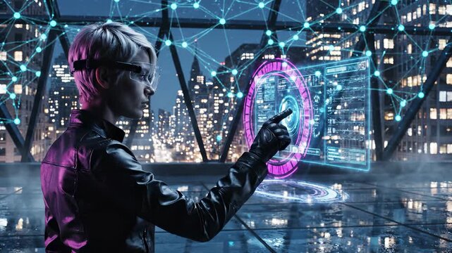 Woman interacts with holographic portal in cyberpunk city at night. Person touches portal interface with digital display. Woman uses portal technology. Futuristic portal with network connections.