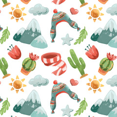 Hand drawn vector seamless pattern with peruvian and mounain travel items on white background