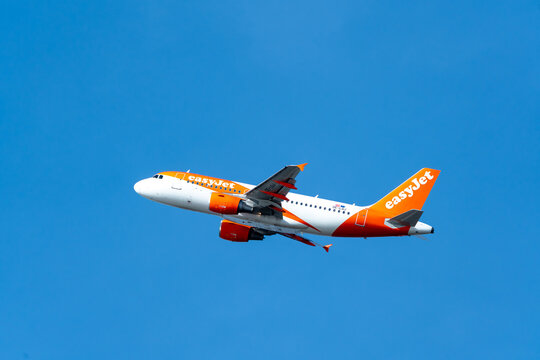 Easyjet Airbus A320 taking off from Barcelona Airport, Spain