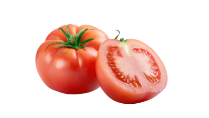 Whole and halved red tomato with vibrant color and visible seeds isolated on transparent background