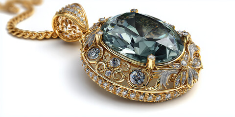 Naklejka premium Ornate gold pendant with large, faceted gemstone centerpiece is surrounded by intricate filigree and smaller gemstones, exuding elegance and luxury