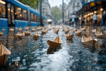 Rainy day on city street with paper boats floating in puddles