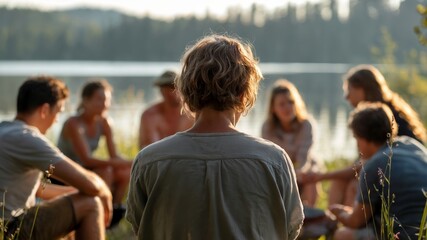Fototapeta premium Person Watching Group Discussion Circle by Lake in Sunlight