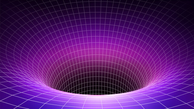 Abstract Futuristic Grid Warp Hole With Purple Gradient Depth And Curved Lines Forming A Sci-Fi Space Vortex. Black Holes Concept. Vector Illustration.