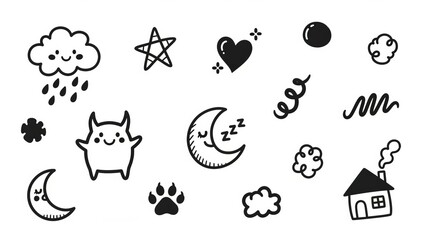 Fototapeta premium Whimsical hand-drawn doodles of clouds, moon, stars, and a cute monster.