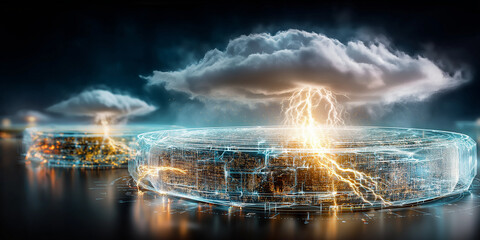 Futuristic digital landscape features glowing circular hub with lightning and clouds, symbolizing edge computing. scene is illuminated with soft blue and orange hues, creating dynamic atmosphere