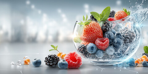 Clear glass bowl filled with mixed berries including strawberries blueberries raspberries and blackberries is splashed with water creating refreshing and vibrant scene. background is soft blurred