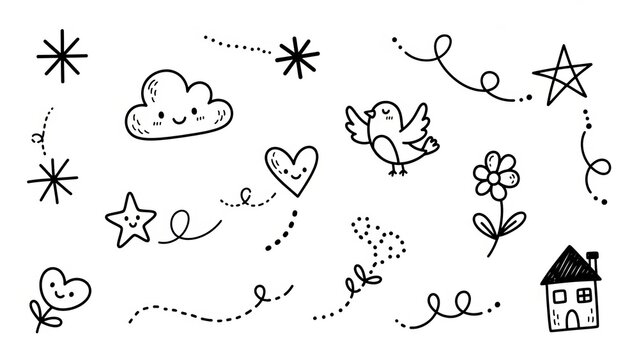 Charming hand-drawn doodles of whimsical elements like hearts, stars, clouds, and birds