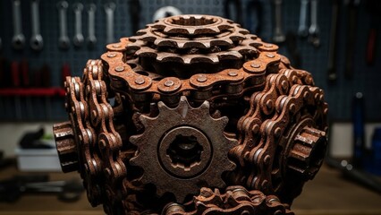 Rusty Bicycle Chains and Gears In Close-Up