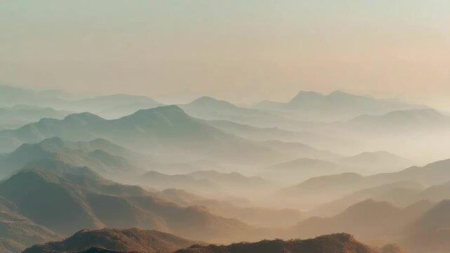 Layered mountain range fading into mist, bathed in warm dawn light.
