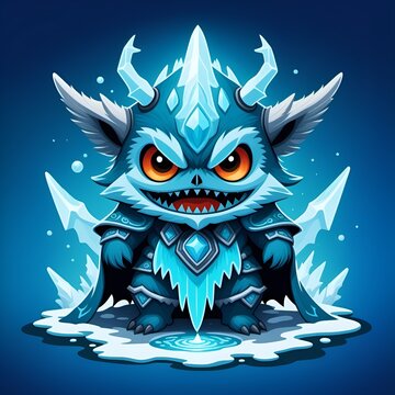 Chilling ice monster character design, perfect for fantasy games or icy adventures, with cool blue tones and a menacing grin, ready for action and fun