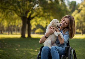 Woman in Wheelchair Holding Puppy in the Park