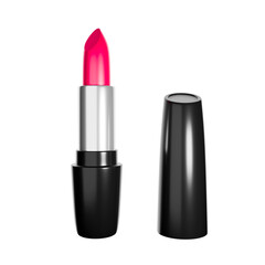 Obraz premium Red lipstick and black tube isolated on a vibrant pink background. Cosmetics