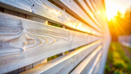 Wooden fence with sun rays and green foliage in the background planks slats