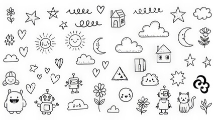 Fototapeta premium Whimsical hand-drawn doodles of cute characters, celestial elements, and simple shapes for creative projects