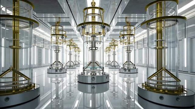 Large quantum computers in symmetrical high-tech white room with metallic components and glass enclosures