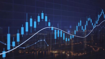 Digital financial candlestick chart displaying upward market trends and stock performance data overlaid on a dark cityscape background for investment analysis - Powered by Adobe