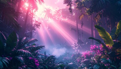 Fototapeta premium Dreamy, sunlit jungle vista with lush foliage and ethereal pink light streaming down through the canopy