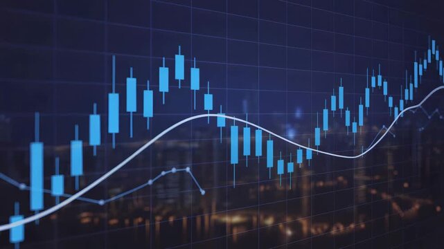 Digital financial candlestick chart displaying upward market trends and stock performance data overlaid on a dark cityscape background for investment analysis