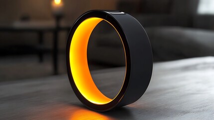 Sleek black smart ring with glowing orange interior rests on a textured wooden surface in a dimly lit room