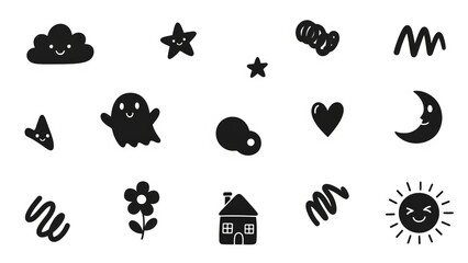 Whimsical hand-drawn icons for kids' designs, featuring cute clouds, stars, and a friendly ghost.