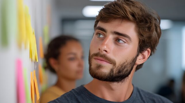 A man and a woman in an office brainstorming with colorful sticky notes on a wall - Powered by Adobe