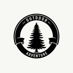 Vintage outdoor adventure badge with pine tree silhouette emblem